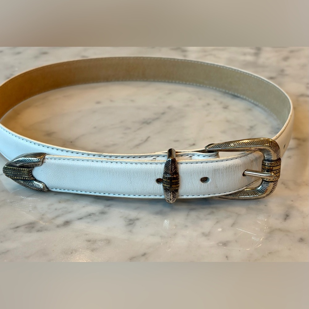 Vintage Leather Belt, Antiqued Silver Buckle & tip, southwestern style, white, S - Picture 3 of 9